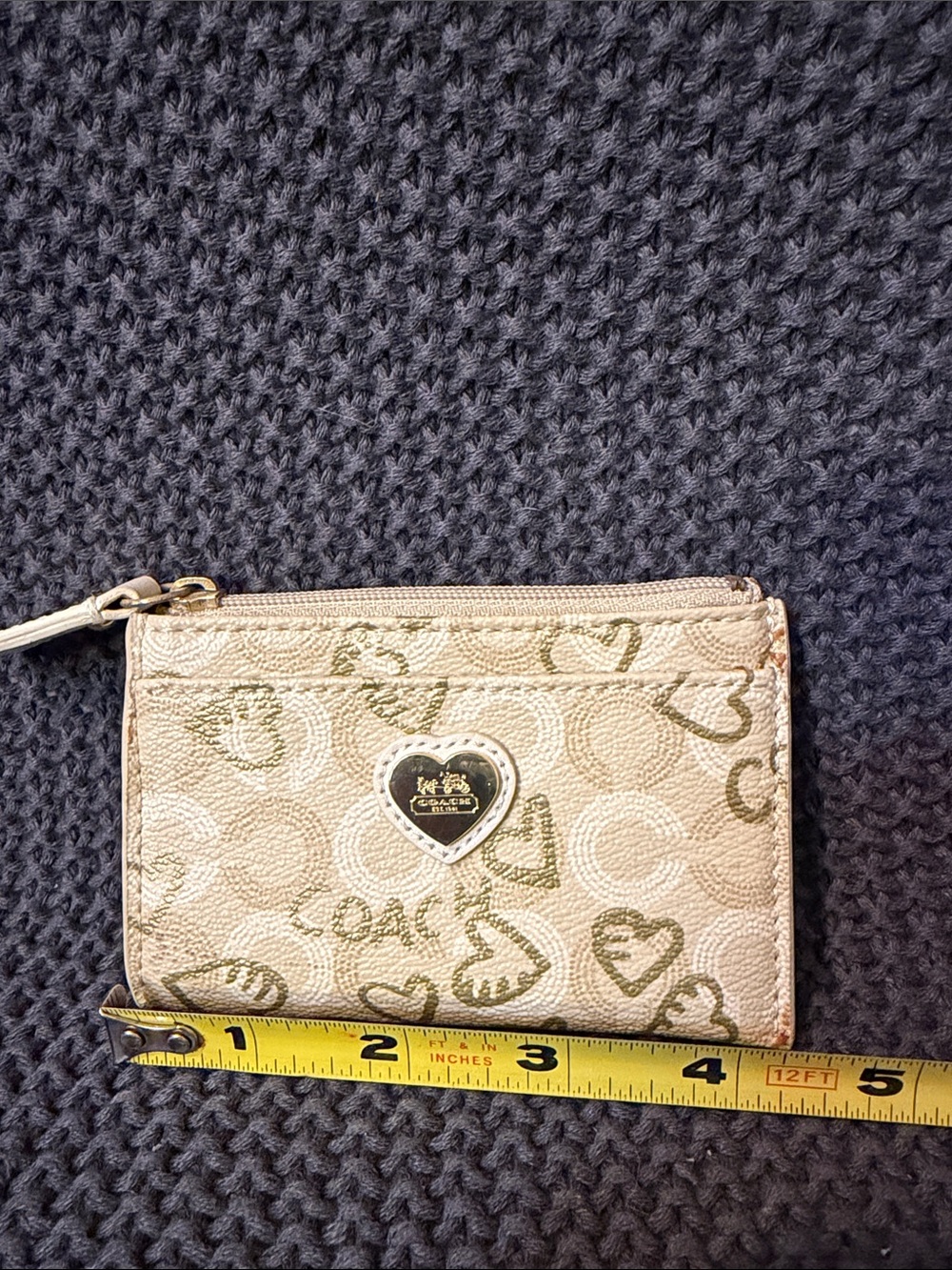 Coach Pink Beige Heart Zip Card Case with Gold Accent